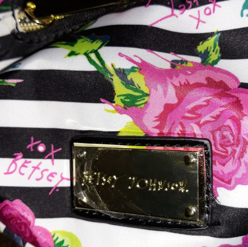 Betsey Johnson Black White Pink Floral Stripe Crossbody Bag